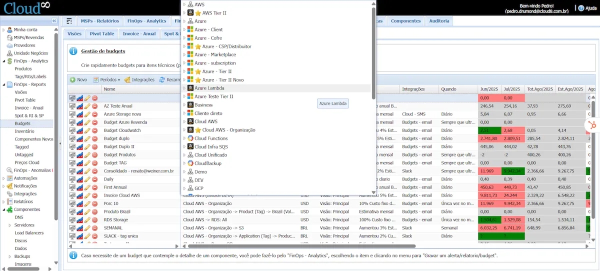 Configurando Budgets no Cloud8 Configurando Budgets no Cloud8